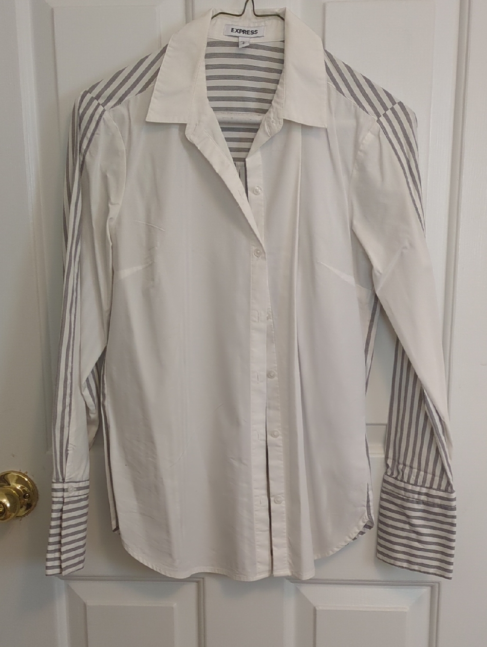 Express White Button-Down Shirt with Gray Striped Sleeves